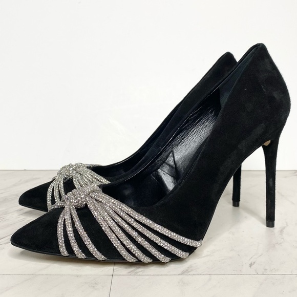 Vince Camuto Faine Black Suede Rhinestone Pointy Toe Pump 10M - Picture 1 of 15